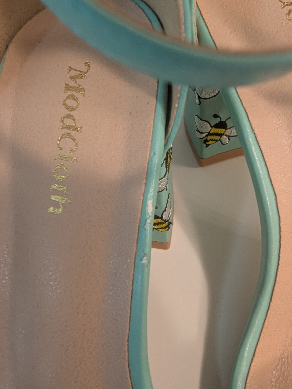 ModCloth Aqua Block Heel Sandals with Bee Embroidery - Picture 3 of 8